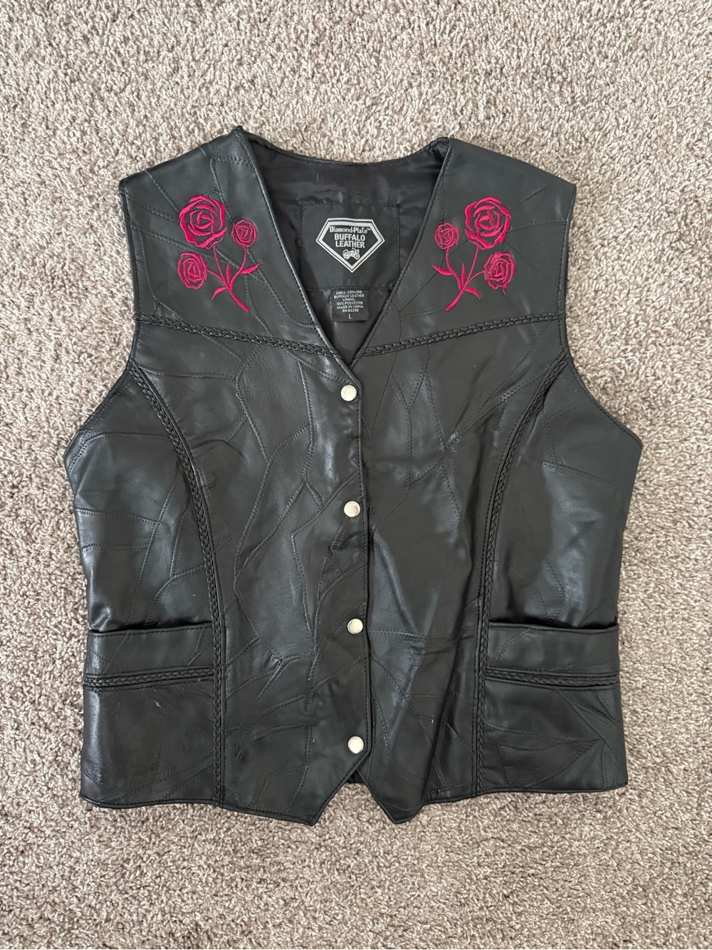 Diamond Plate Buffalo Leather Black Rose Patchwork Vest Size L Biker Rocker